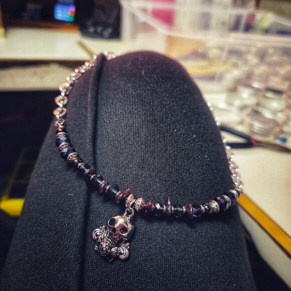 Skull + Garnet Beaded Chain Necklace — Handmade Statement Piece - Picture 4 of 4